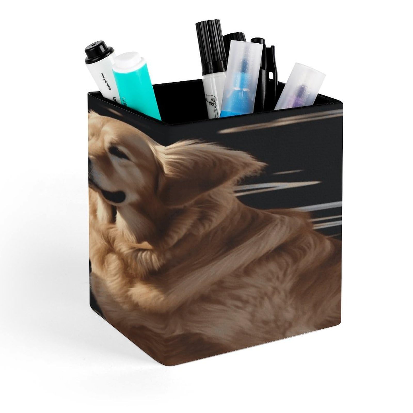 FekiLoot Golden Retrievers Pencil Holder for Desk Square Leather Pen Holder Cup Desktop Organizer Multi-Functional Pencil Cup Holders Modern Decorative Desk Organizer Caddy Makeup Brush Holders