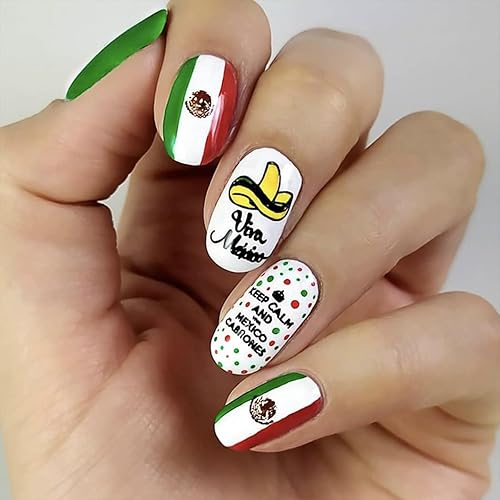 Juego de 24 uñas postizas de bandera de México, uñas postizas ovaladas medianas a presión, uñas postizas acrílicas acrílicas rojas y verdes con disponible en Yaxa Colombia