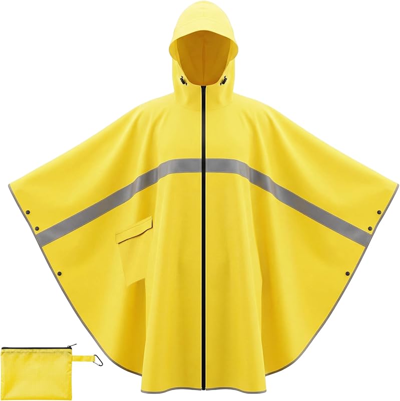 Coume High Vis Rain Poncho for Adult Hooded Zipper Raincoat with Pockets | Lightweight Packable Storage Pouch, Polyester, Reflective Waterproof Yellow Rain Jacket for Outdoor Camping Cycling Hiking