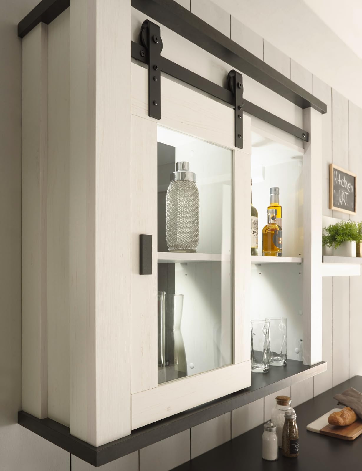 Küche mit Theke komplett Set in weiß Pinie und schwarz/anthrazit Küchenschrank 6 teilig komplette Küche im Industrial Design Stove (Set 1)