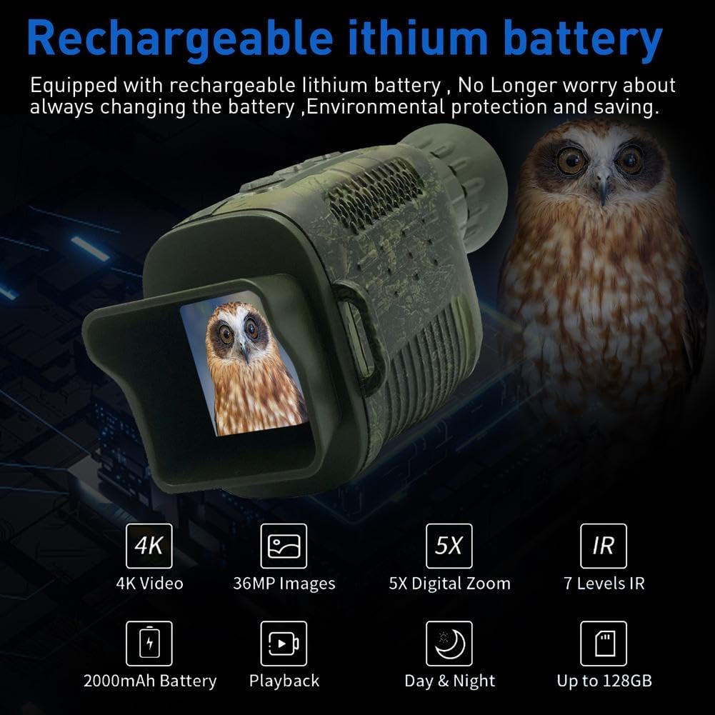 GarveeLife Monocular 4K HD visión Nocturna – Pantalla de 1,5 Pulgadas, Zoom Digital 5X, Infrarrojos de 7 Niveles, detección de Movimiento, Resistente, Recargable, monitoreo, Caza, Camping, Viajes