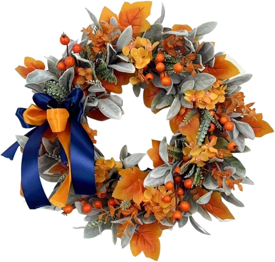 Fall Wreaths with Blue: An orange and silver-leaf wreath accented with a navy ribbon bow, berries, and foliage for striking seasonal contrast.