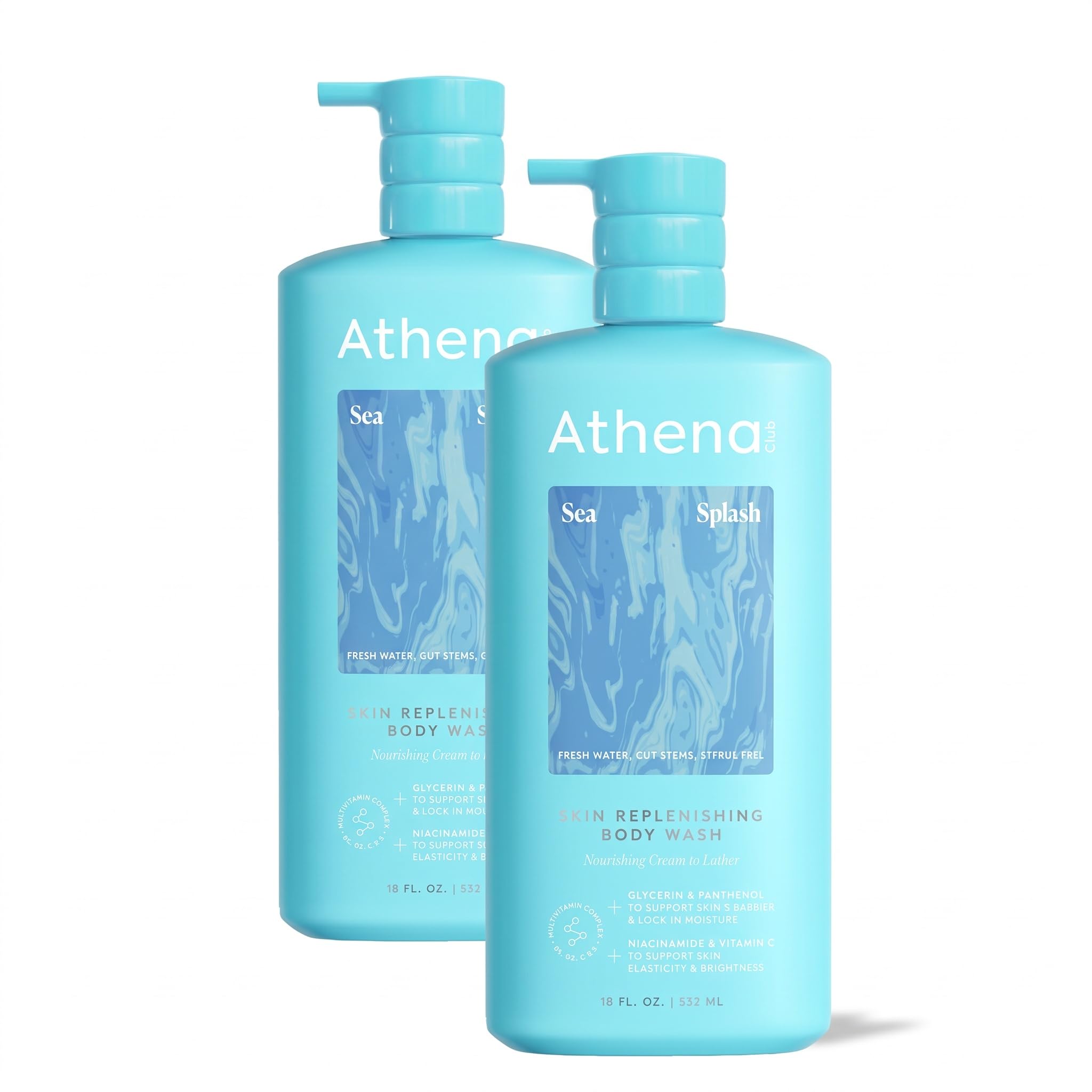 Athena Club Skin Replenishing Body Wash for Women, Sulfate Free Nourishing Cleanser with Niacinamide, Gently Cleanses Without Stripping, Sea Splash Fresh Scent, 18 fl oz (Pack of 2)