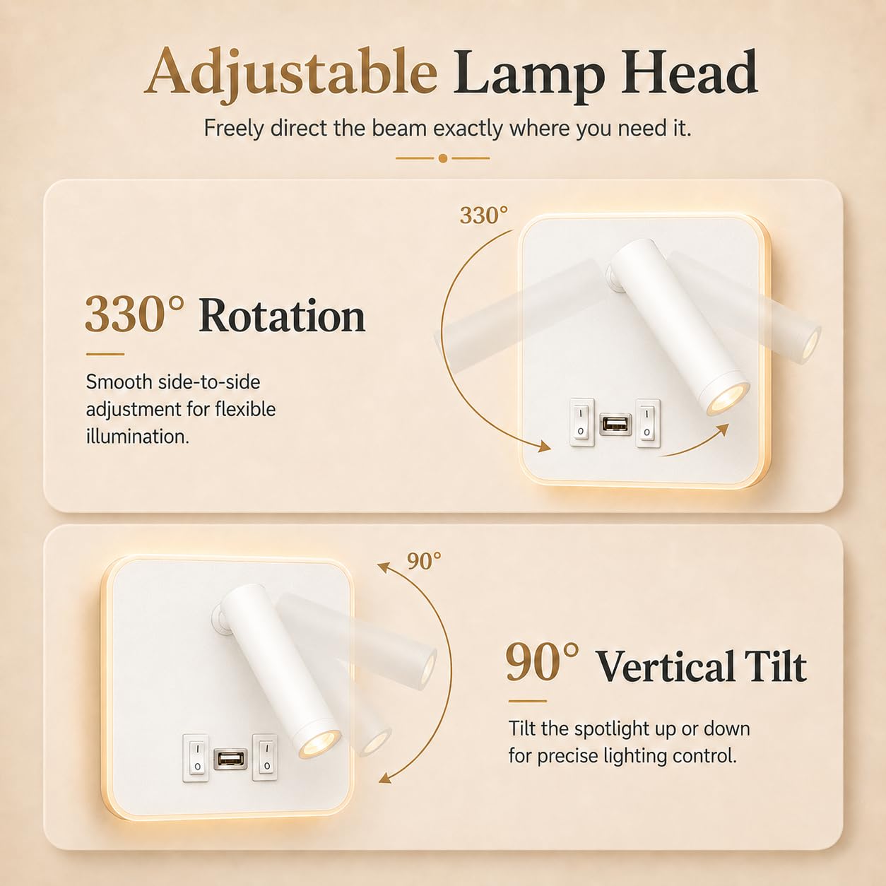 2Pcs Lámpara de Pared LED, Aplique de LED Luz de Lectura con Interruptor y puerto de carga USB,Luz de Lectura Junto a la Cama, Aplique de Pared Cabecera Ajustable Para Dormitorio Escaleras Salas