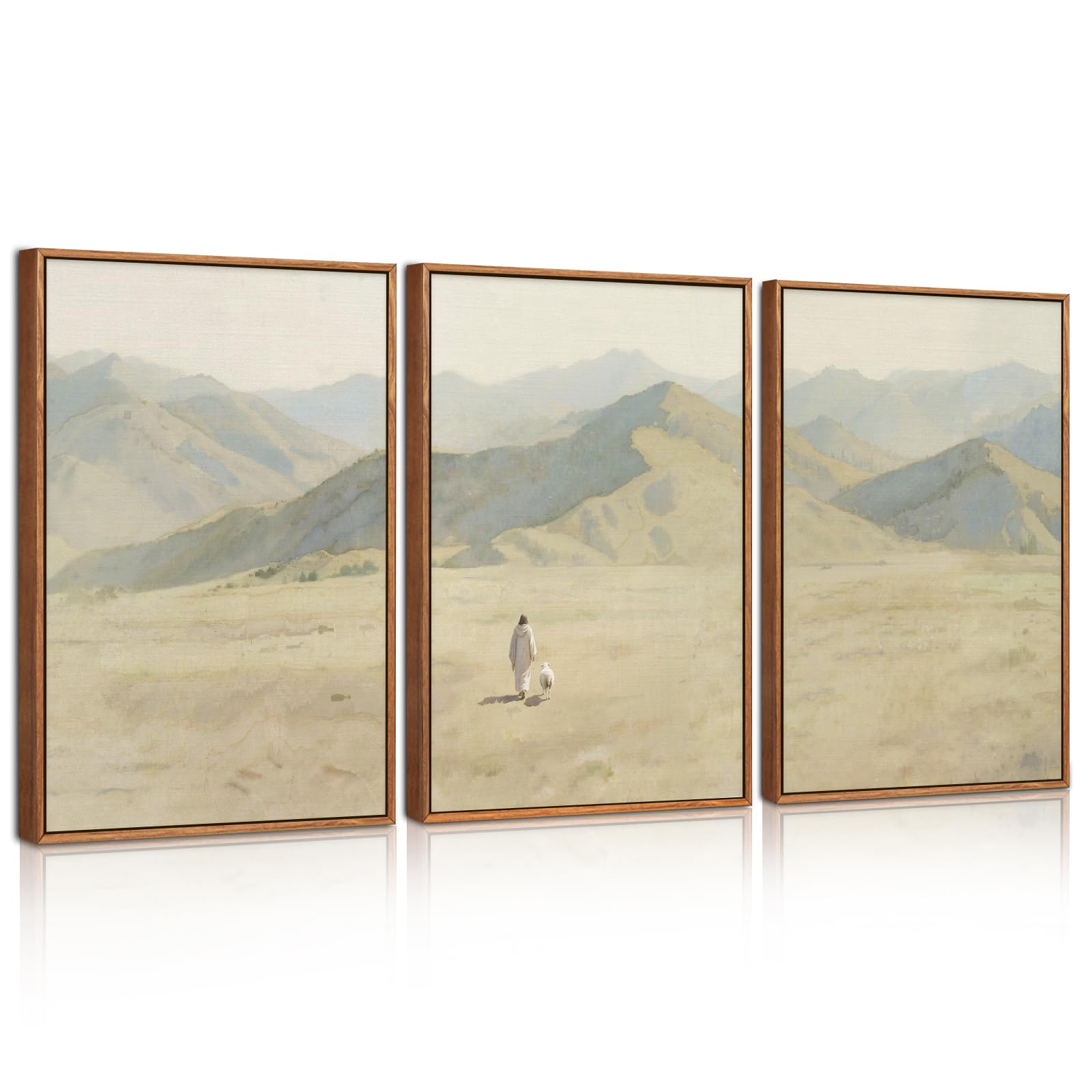 ANHUIB Jesus Leaves The 99 Parable of The Lost Sheep Framed Canvas Wall Art 3 Panels Boho Mountain Nature Landscape Artwork Prints Large Religious Christian Bible Story Gift Decor for Home Bedroom — image 1