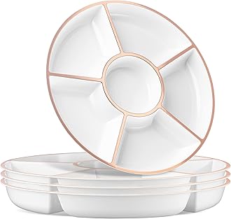Plasticpro 6 Sectional Round Plastic Serving Tray/Platter (8, White & Rose Gold)