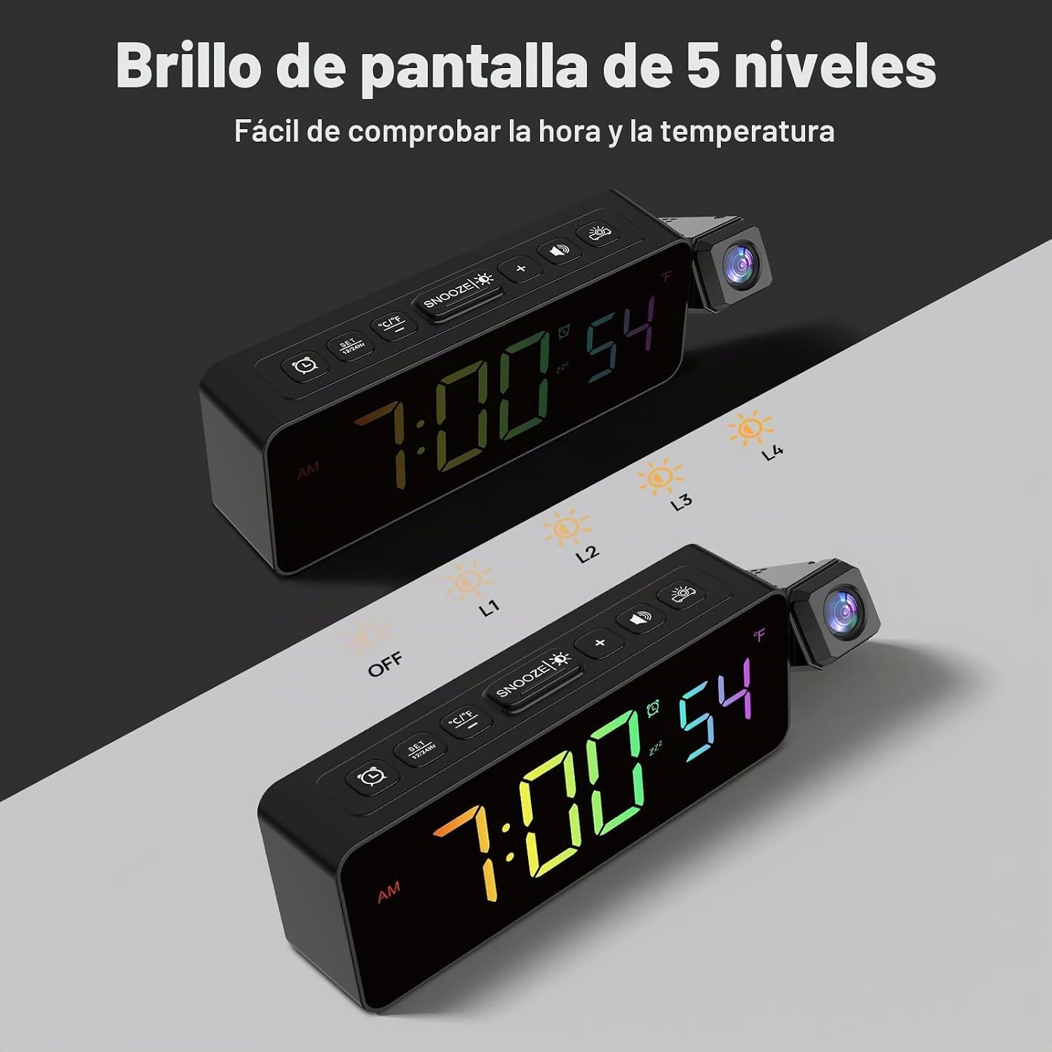 Netzu Digital Alarm Clock showing 5 levels of display brightness, from OFF to L4.