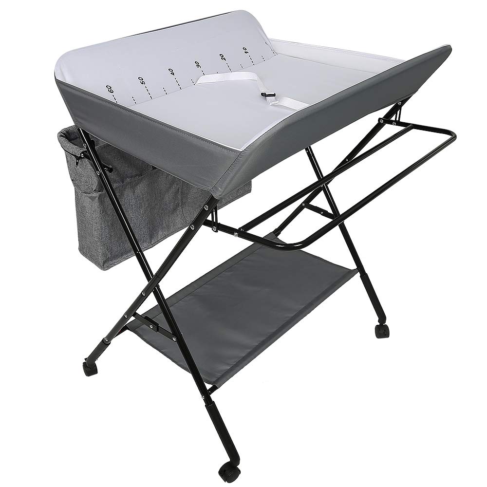Babycommode, inklapbare luiertafel, in hoogte verstelbaar luierstation met opbergvakken, reiscommode met wielen, 80 x 63 x 96 cm