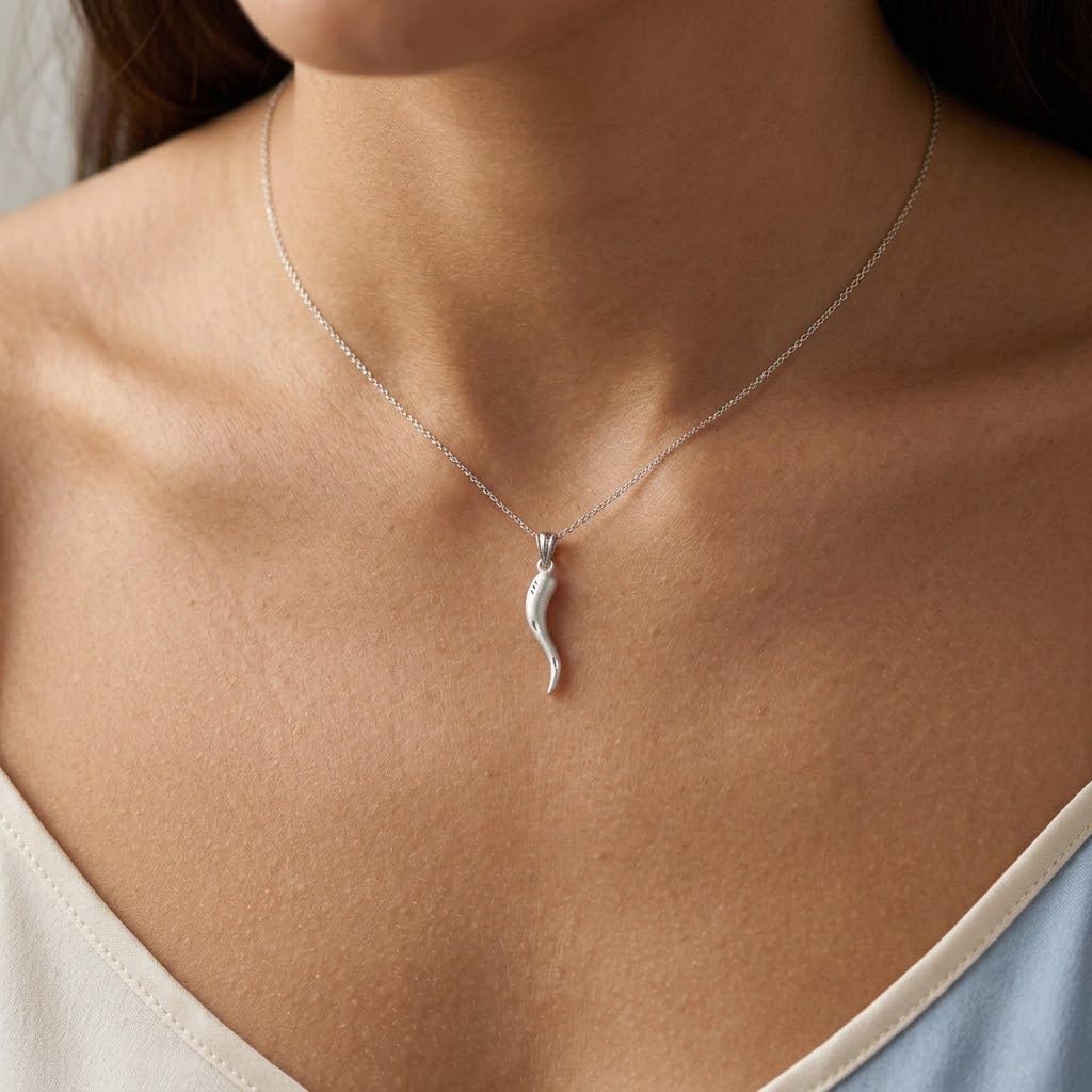 Charm America Silver Italian Horn Pendant Necklace - 925 Sterling Solid Silver - Adjustable Necklace 16” - 18” - Cornicello Pendant