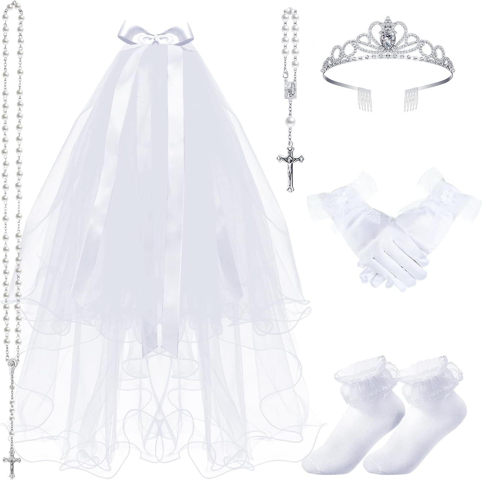 Funtery 6 Pcs First Communion Veils for Girls Catholic Set 1st Communion Wreath Veil Headpiece Sock Necklace Bracelet Kid