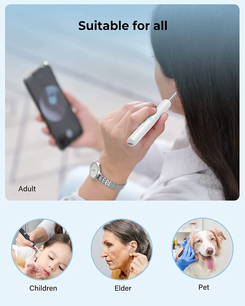 SELET Herramienta de Cera de oído con otoscopio 1080P, de oídos con 2 cucharas de Silicona, cámara de oído con 6 Luces LED para Limpieza de oídos, Compatible con iOS, Andriod, Negro/Blanco-Black