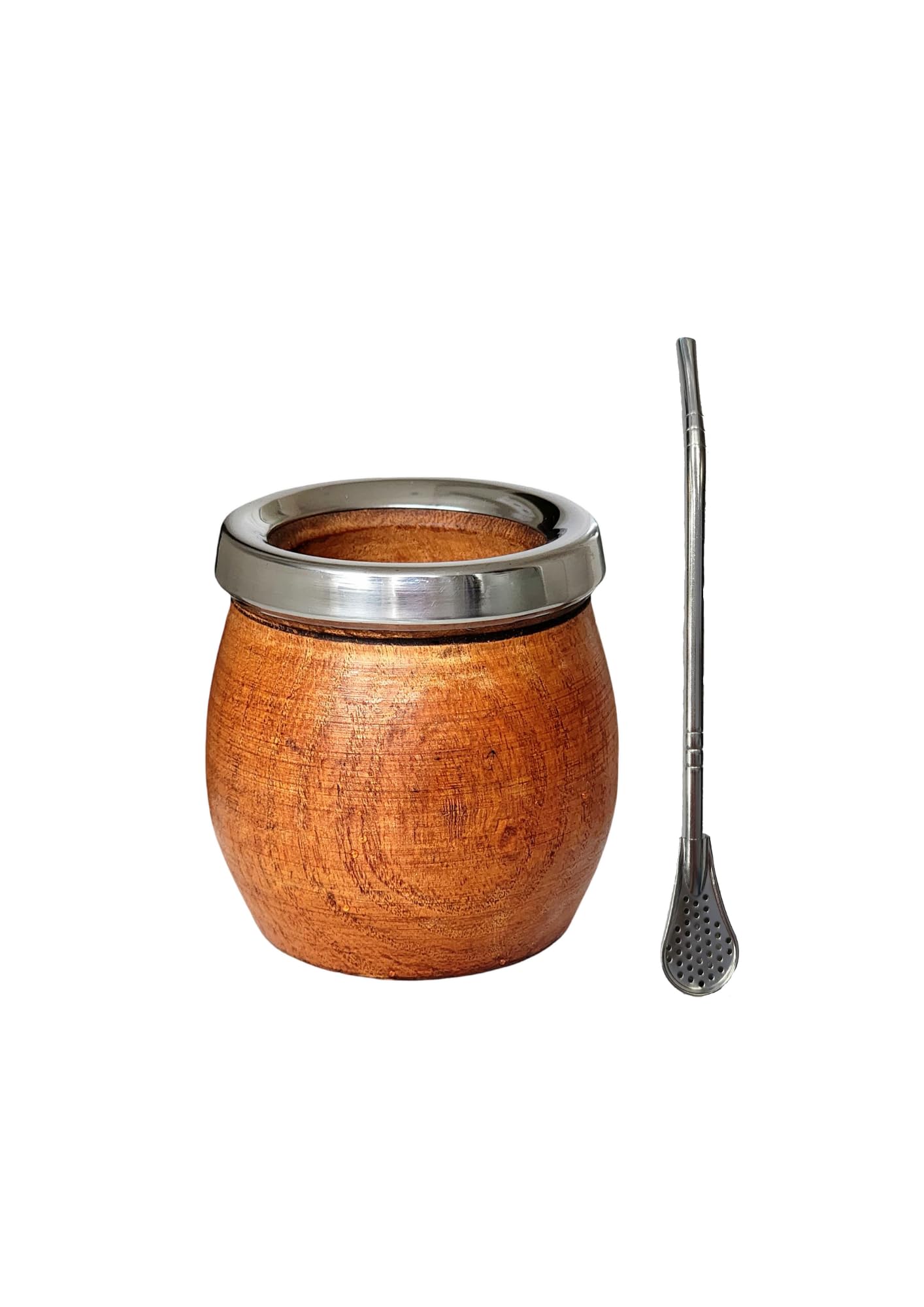Tasse mate argentine naturelle fabriquée à la main en bois de caroube avec bord en acier inoxydable, mat avec ampoule, Gourd mate mug, style tonneau