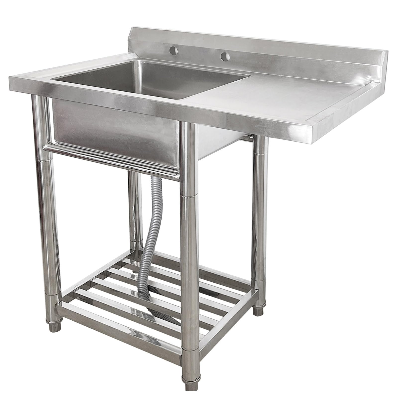 YADZISW Utility Sink, 1 Compartment Stainless Steel Commercial Kitchen Prep & Washing Hand Basin w/Workbench Double Storage Shelves Indoor Outdoor