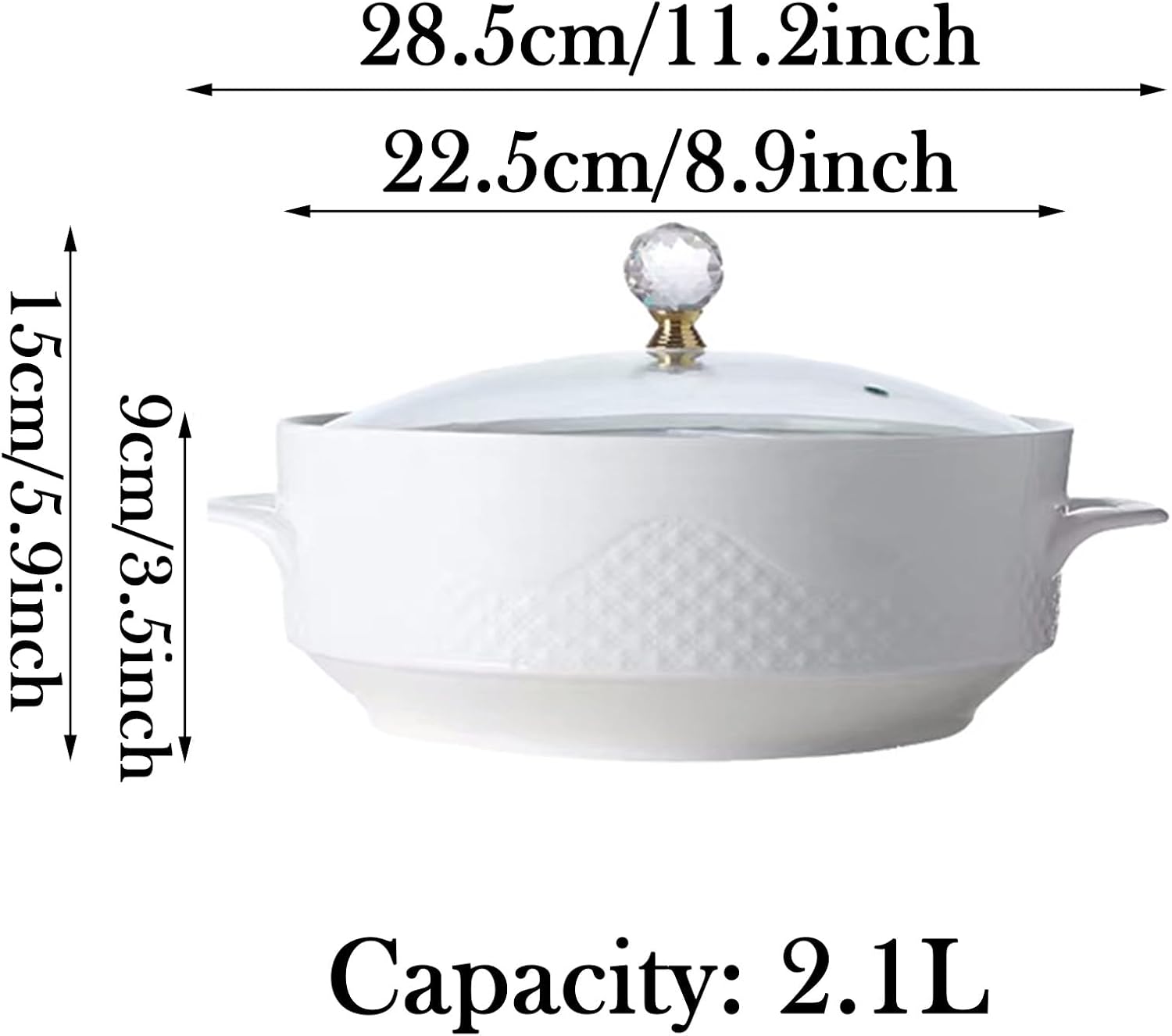 Ceramic Soup Tureen with Glass Lid Porcelain Serving Soup Tureen for Restaurant Home Kitchen Decoration White Ceramic Round Tureen with Ladle, Cooking Soup for Home Office Dorm,2.1L