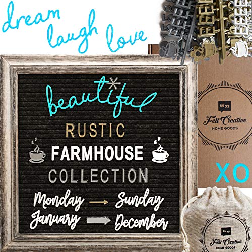 Rustic Felt Letter Board Bundle Farmhouse Vintage Barn Wood Frame and Stand by Felt Creative Home Goods Changeable Message Memo Board 700+ Letter Set Numbers (Gray Frame, Black Felt 10x10 Inches)