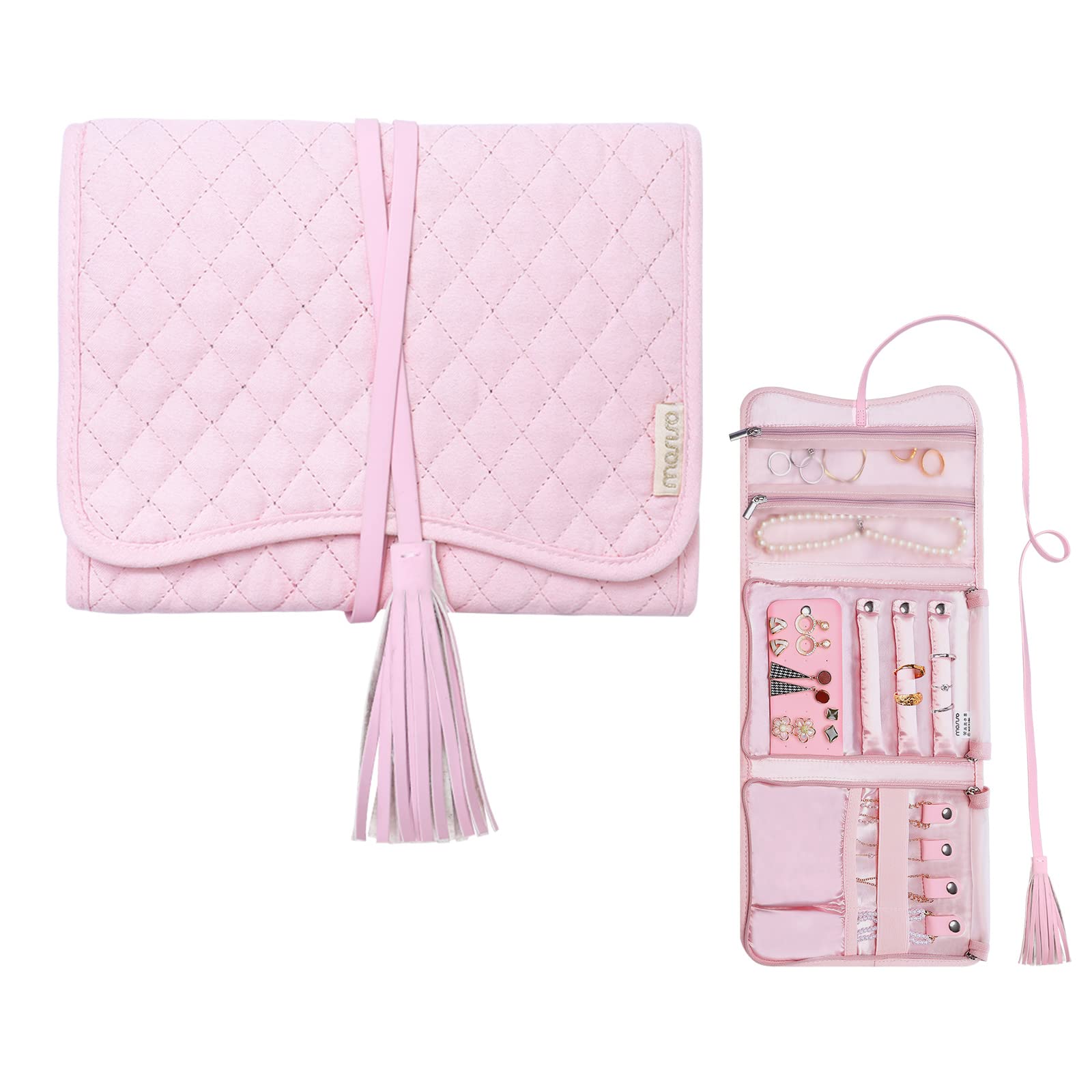 MOSISO Travel Jewelry Organizer Roll Case, Foldable Portable Jewelry Organizer Bag with Tassel for Necklace, Earrings, Rings, Bracelets and Daily Jewelries Carrying, Pink