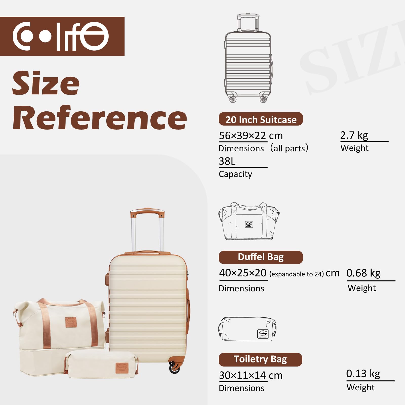 COOLIFE Suitcase Trolley Carry On Hand Cabin Luggage Hard Shell Travel Bag Lightweight Suitcase Included 1pcs Travel Bag and 1pcs Toiletry Bag (Black/Brown, 20 Inch Luggage Set)