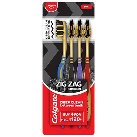 Colgate Zigzag Charcoal Soft Bristle Manual Toothbrush For Adults Combo Pack Offer-4 Pcs, Removes Germs In Between Teeth, Soft-Tongue Cleaner
