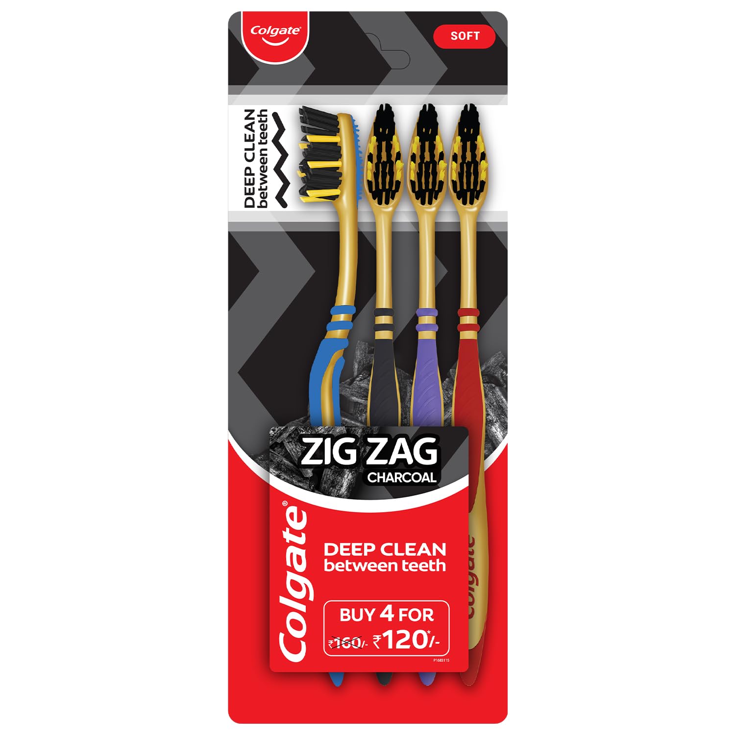 ZigZag Charcoal Soft Bristle Manual Toothbrush for adults - 4 Pcs, Removes Germs in Between Teeth, Soft-tongue cleaner