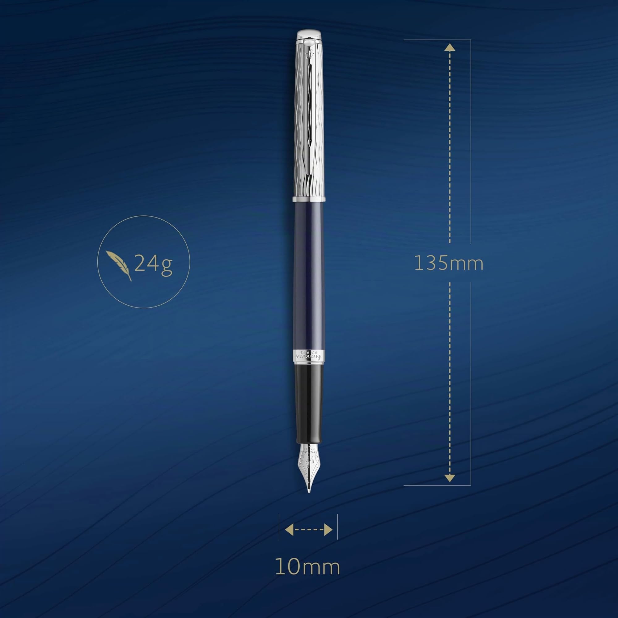 Waterman Hémisphère pluma estilográfica | Metalizada y lacada en azul | Capuchón labrado | Plumín fino de acero inoxidable | Tinta azul | Estuche de regalo