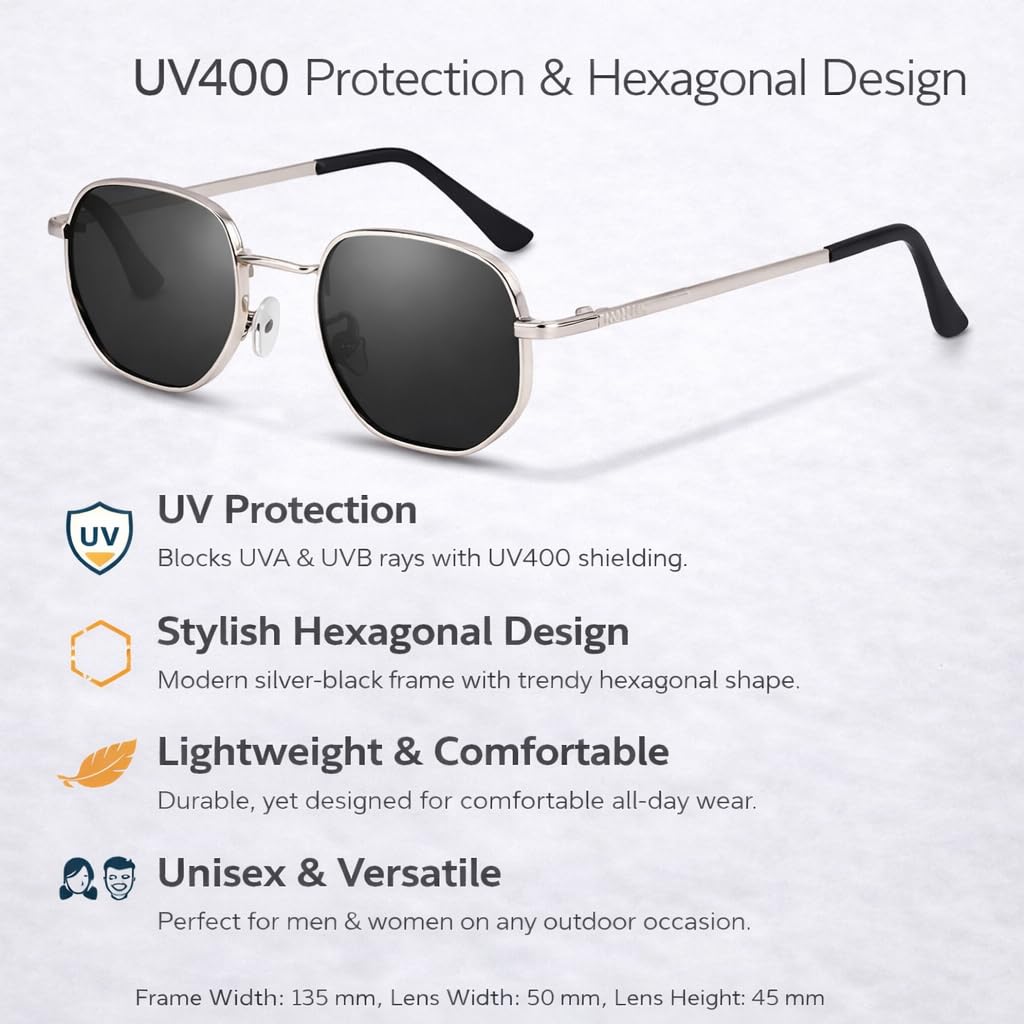 Dervin UV Protected Hexagonal Sunglasses for Men and Women (Silver-Black) 4