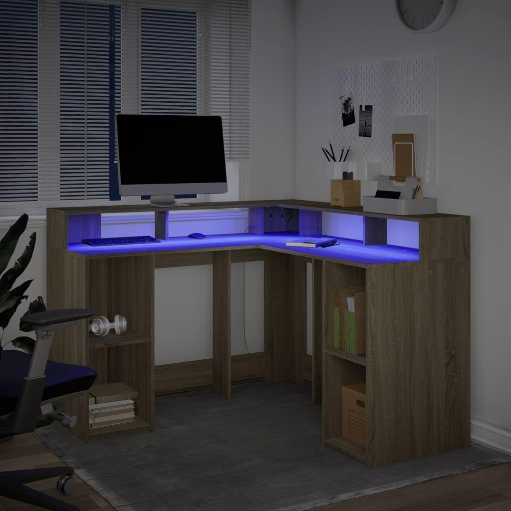 Homgoday Biurko z diodami LED, dębowe Sonoma 130 x 130 x 91 cm, z płyty wiórowej, meble biurka, półki, biurko komputerowe, biurko, biurko do gier, do pokoju dziecięcego