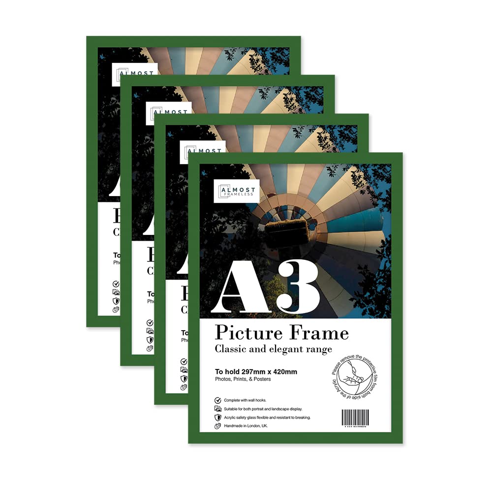 Almost Frameless A3 Green Picture Frame Set of 4, Display A3 Picture Gallery Wall, Poster, Photo, Artwork, or Print, Green — image 1