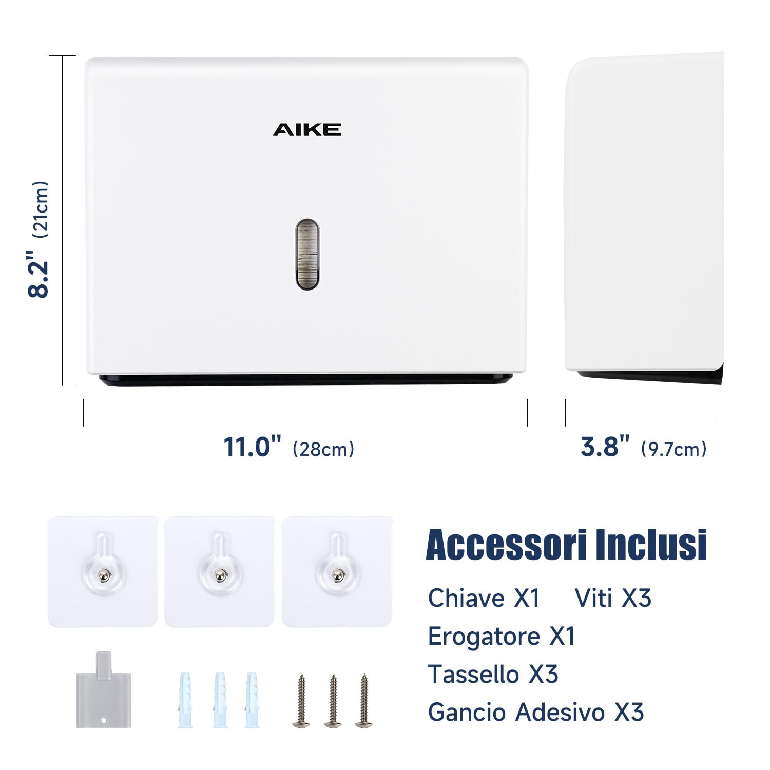 AIKE Dispenser Carta Asciugamani Uso Commerciale, 200+ Fogli per Z-Fold e Salviette di Carta Multifold 25.4x7.8 cm, AK5102 Bianco