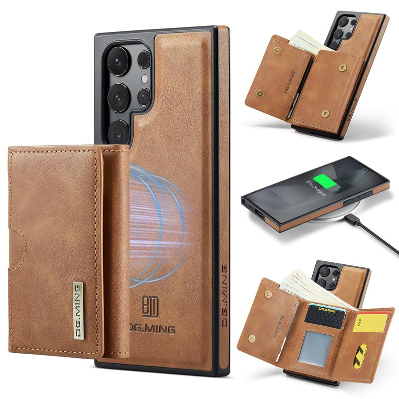 Étui en cuir pour Samsung S24 Ultra portefeuille magnétique 2 en 1 brun
