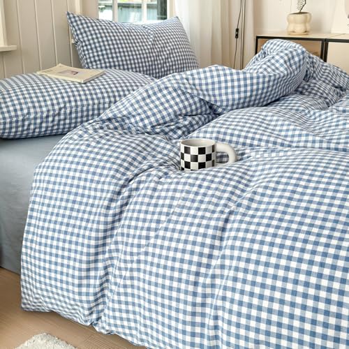 Image of LifeTB Blue Gingham Comforter Set King 3 Pieces Modern Plaid Checkered Pattern Comforter Gingham Bedding Set Fluffy Soft Grid Plaid Bedding Comforter Farmhouse Checkered Comforter Set King Size