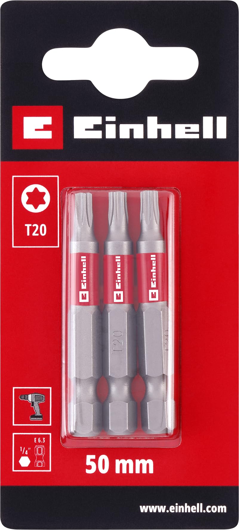 Original Einhell Standard Bits 3 Piece 50mm T20 (Chrome Vanadium, Precision Screws, Good Control, Red Colour Ring, E 6.3 Shank)