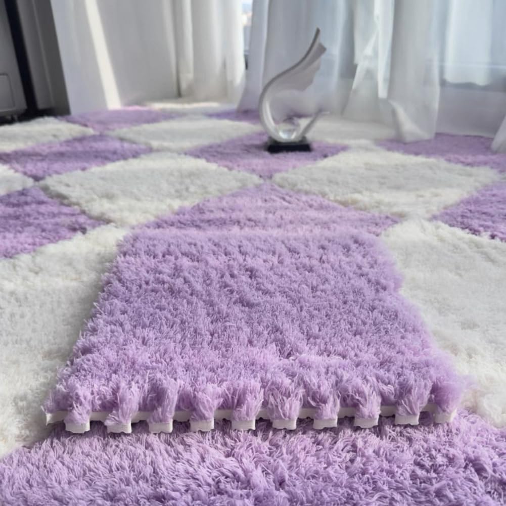 10 Pack Carpet Squares Puzzle Mat 30x30x1cm Plush Interlocking Carpet Tiles,Soft Fluffy Floor Protective Mat Shaggy Area Rug for Bedroom (Purple White)