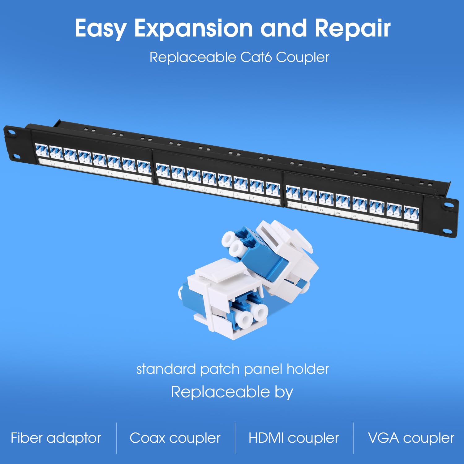 48 Port LC Fiber Patch Panel, 1U 19", caricato con 24 adattatori ottici monomodali duplex della fibra di LC/UPC