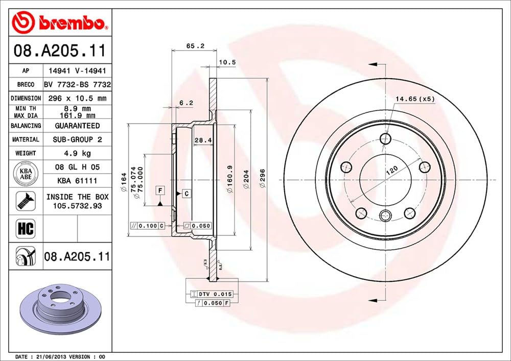 Brembo 08A20511 Discos de Freno con Recubrimiento UV, Set de 2