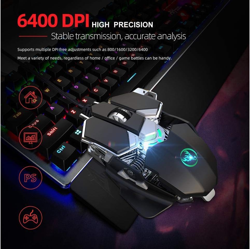 Wired Gaming Mouse RGB Backlit Programmable Mechanical Mouse up to 6400 DPI for Windows PC Gamers