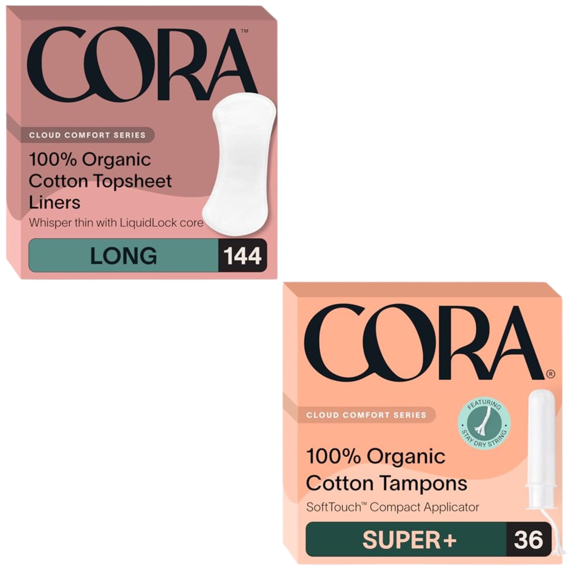 Cora Organic Feminine Care 144 Long No Wings Liners and 36S Applicator Tampon Multipack Ultra-Absorbent Unscented Natural Non-Toxic