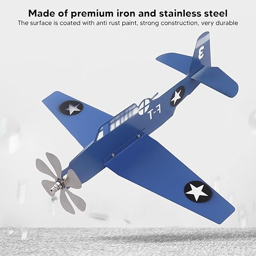 Miniatura 5 de Veleta meteorológica de avión, hilandero de viento de metal para patio de jardín, azul, gira con el viento