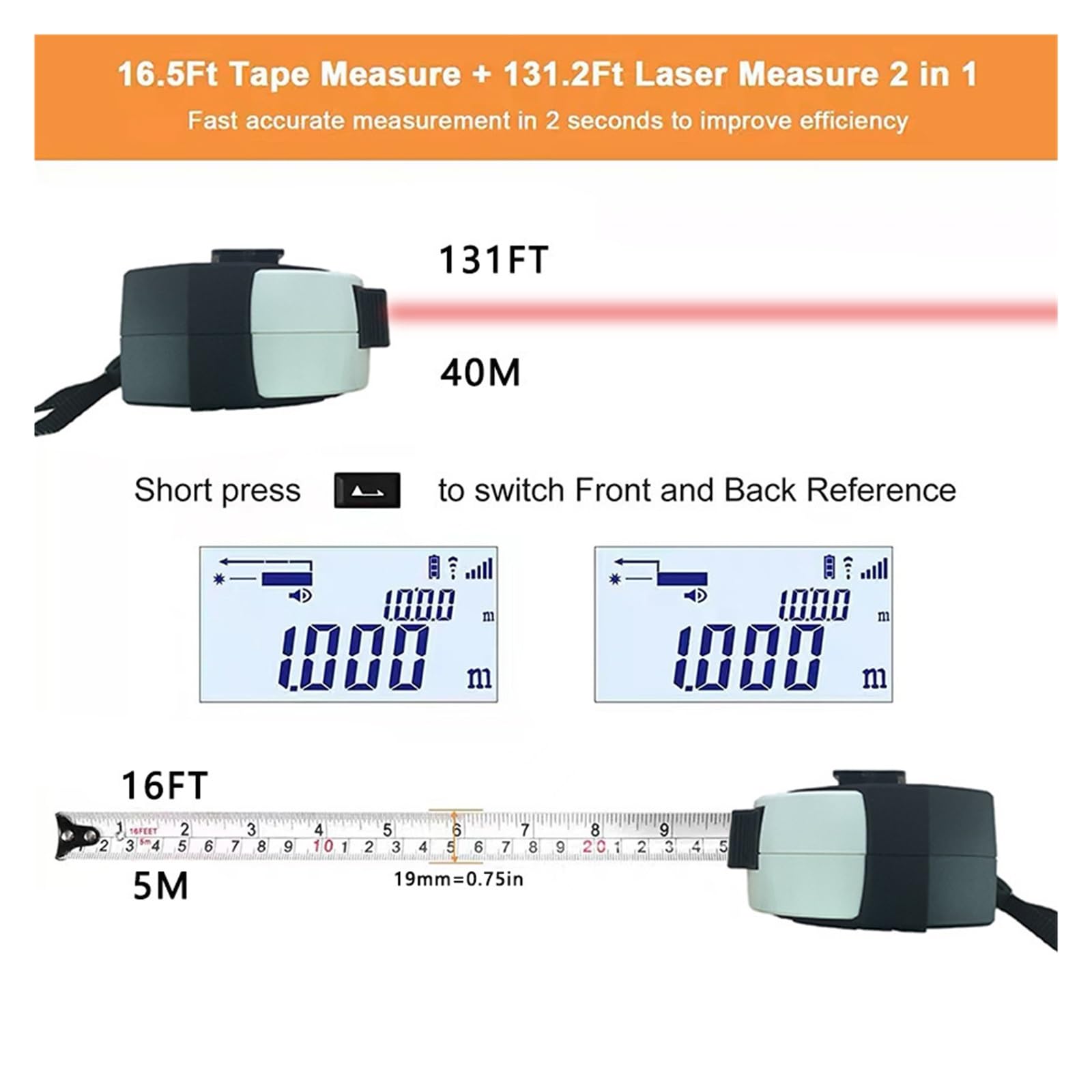 Medidor de Distancia Cinta métrica láser 40M, 5M, Cable Rollo retráctil Digital, telémetro, Herramienta medición for carpintería Precisión Flexibilidad Medición