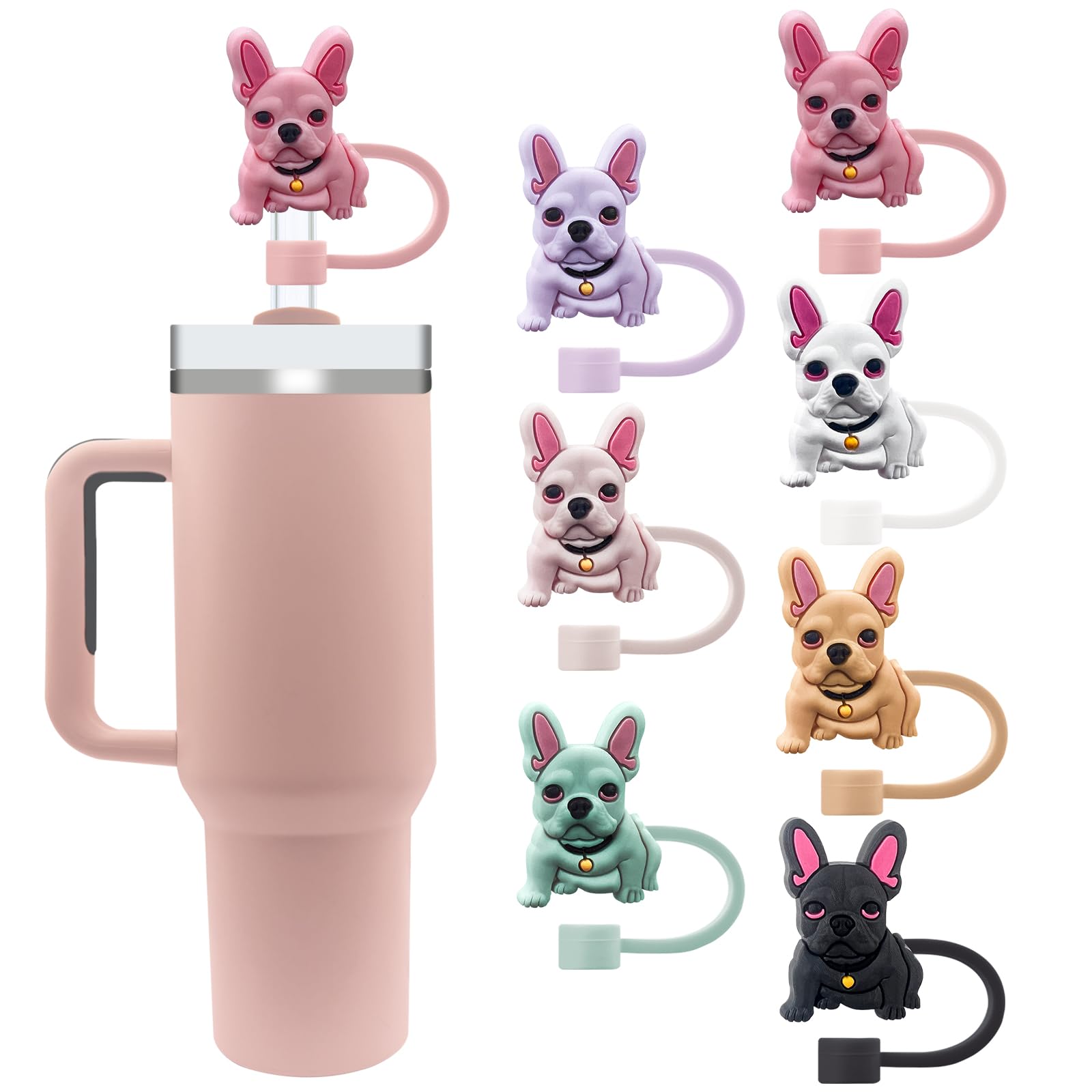 Velaco 7Pcs 0.4in/10mm Diameter Silicone Straw Covers Cap Compatible with Stanley 20 30&40 Oz Cup, Cute Dog Straw Topper for Stanley 40 Oz Tumbler