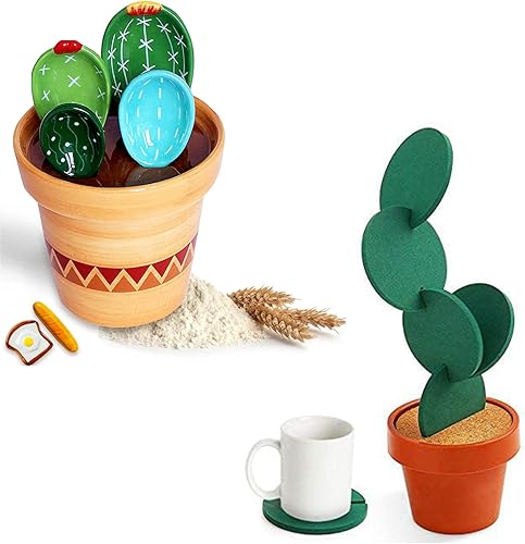 Juego de posavasos de cactus para decoración del hogar y cucharas medidoras de cactus