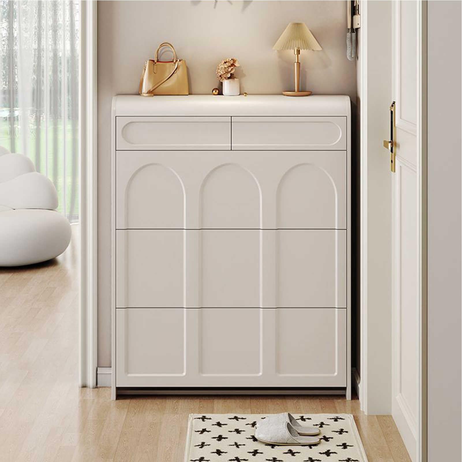 Armadio Per Scarpe Con Seduta CDF Opal – Bianco, 85x35x45 Cm, 4 Ripiani, Anta Battente, Prodotto Polacco, Per Ingresso E Corridoio