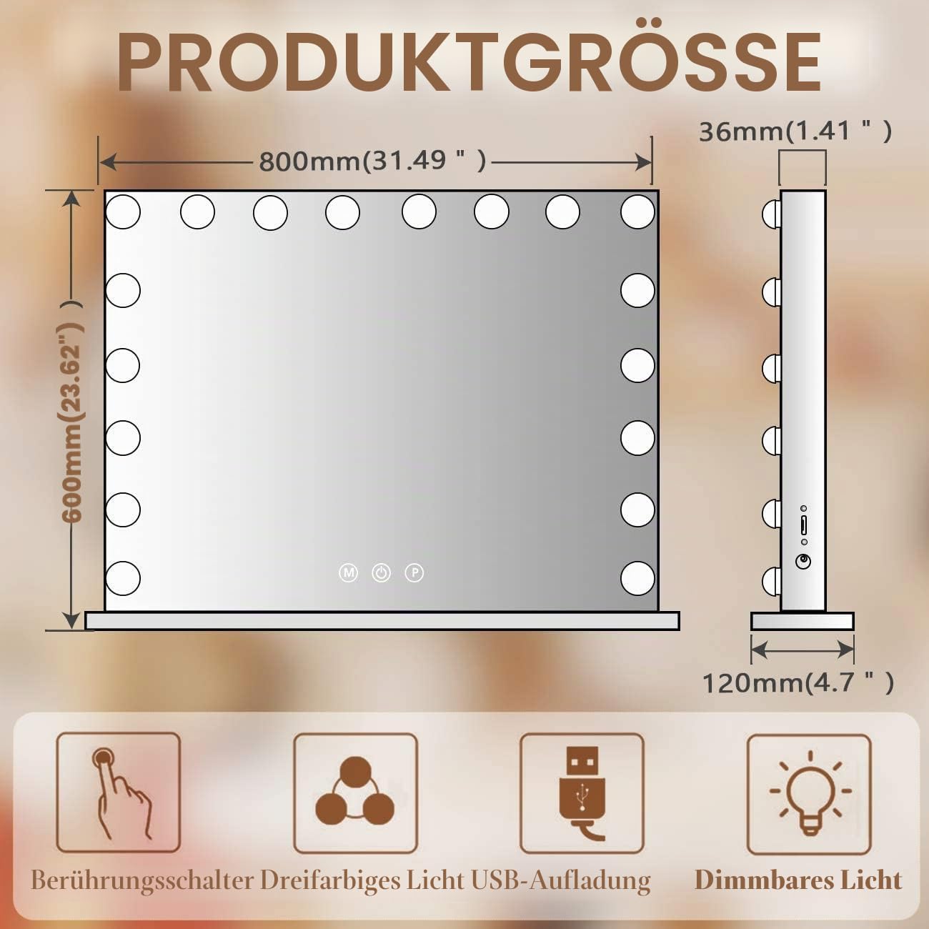 Hansong Großer Hollywood-Spiegel, 80 x 60 cm, Kosmetikspiegel mit 18 LED-Lampen, 3 Farben, Beleuchtungsmodus, Kosmetikspiegel mit USB-Ladeanschluss und 10-facher Lupe für Schlafzimmer