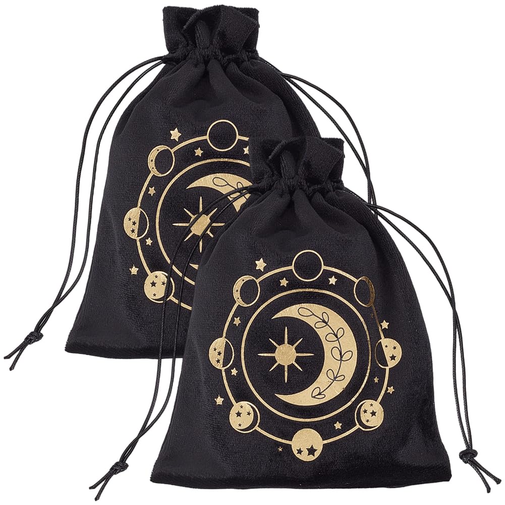 CREATCABIN 2Pcs 7.1 x 5.3 Inch Black Tarot Card Bag Velvet Drawstring Pouch Rectangle Moon Phase Pattern Small Protective Soft Storage Bags for Tarot Cards Crystals Jewelry Dices Gifts DIY Holder