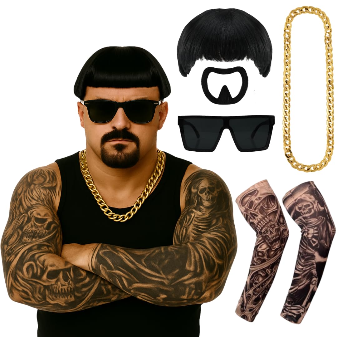 Adults Ibiza Final Boss Costume Accessory Set – Bowl Cut Wig, Goatee Stick On, 2 Tattoo Sleeves, Gold Chain With Black Oversized Glasses – Funny Fancy Dress Costume Kit