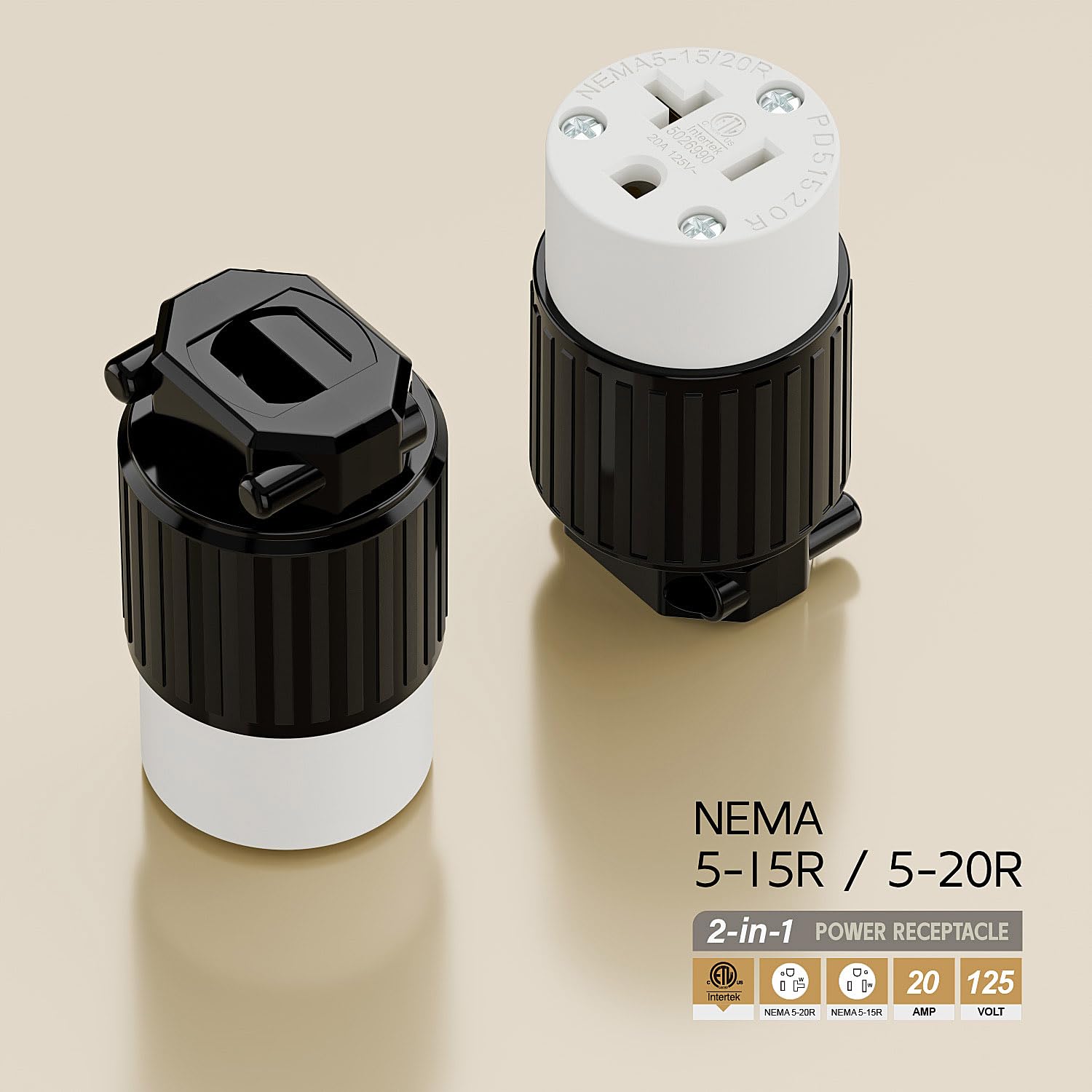 USA 3-Prong Male AC Plug, ETL Nema 5-20R 3 Pole Straight Blade DIY Rewirable AC Socket, 20A 125V USA 3Pin Connector, NEMA 5-15R 15A/125V Female US 3Pole Power Receptacle, Black and White