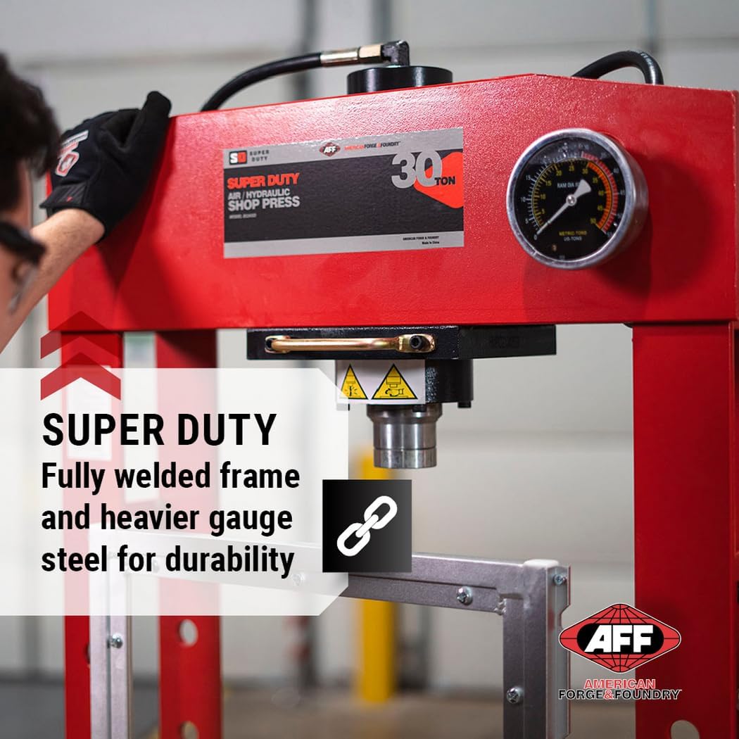 AFF 30 Ton Hydraulic Shop Press - Dual Air Motor, 7-Position Bed Height, Polycarbonate Shield - Super Duty (Multiple Capacities Available)