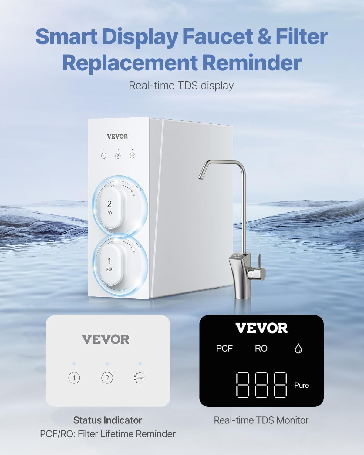 VEVOR System odwróconej osmozy, 600 GPD 8-stopniowy bezzbiornikowy filtr wody odwróconej osmozy, redukcja TDS z certyfikatem NSF, system filtracji wody pod zlewem z inteligentnym kranem, stosunek