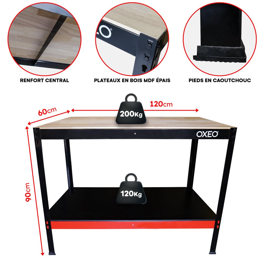 Etabli d'atelier - Table de travail - 120x60x90cm - Structure Acier - Montage sans Vis - Bricolage Atelier Garage
