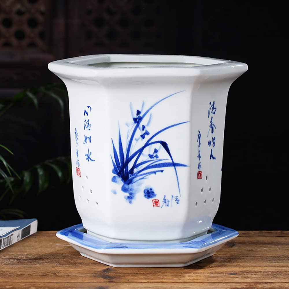 Chinoiserie Jingdezhen Domowa doniczka ogrodowa Ceramiczna doniczka Niebiesko-biała Kryta Doniczka zewnętrzna Starożytny orientalny Klasyczny 10,2 x 10,6 cala