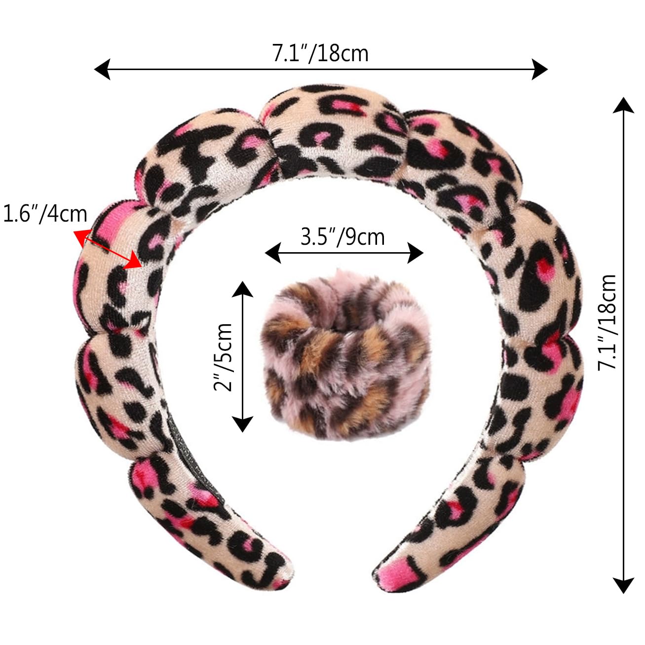 Spa Headband and Wristband Set for Washing Face Sponge Makeup Skincare, Bubble Soft Terry Towel Cloth Hairband Wrist Towels for Women Girl Puffy Headwear Thick Hair Accessory(Leopard, Rose) image 5